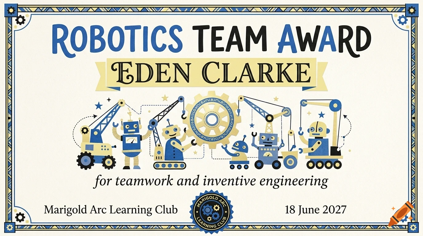 A robotics team award certificate featuring blue and yellow illustrations of robots, gears, and construction cranes.
