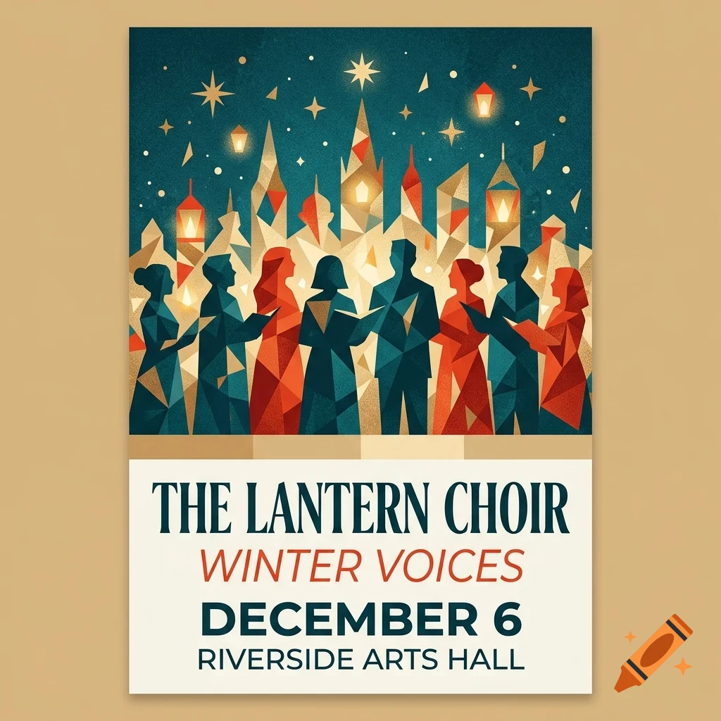 Poster for The Lantern Choir featuring a geometric illustration of singers holding songbooks under a starry night sky with lanterns and stylized buildings.