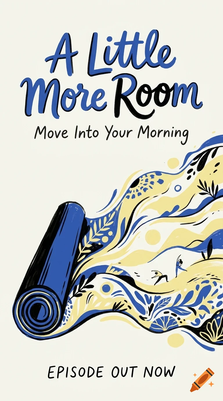 An illustration with a rolled-up blue yoga mat unfurling into a wave of yellow, blue, and black organic shapes, plants, and tiny figures doing yoga.