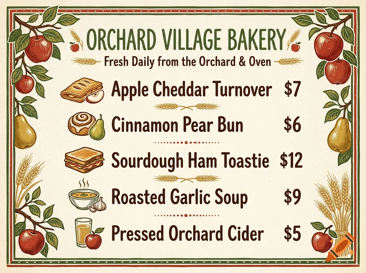 An illustrated menu for Orchard Village Bakery featuring text items with prices alongside illustrations of fruit, bread, and drinks.