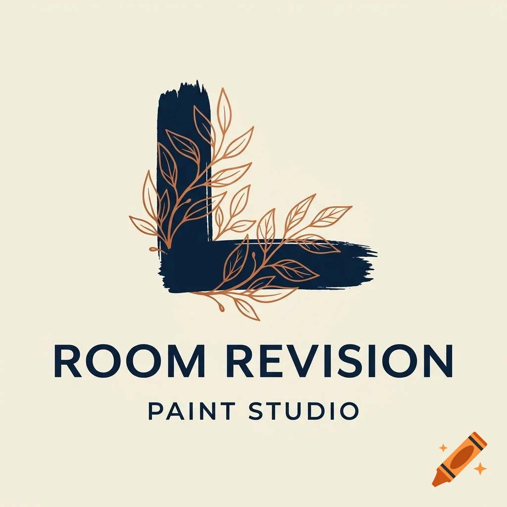 A logo featuring a dark blue brushstroke letter L decorated with copper-colored leaves, with the text ROOM REVISION PAINT STUDIO underneath.