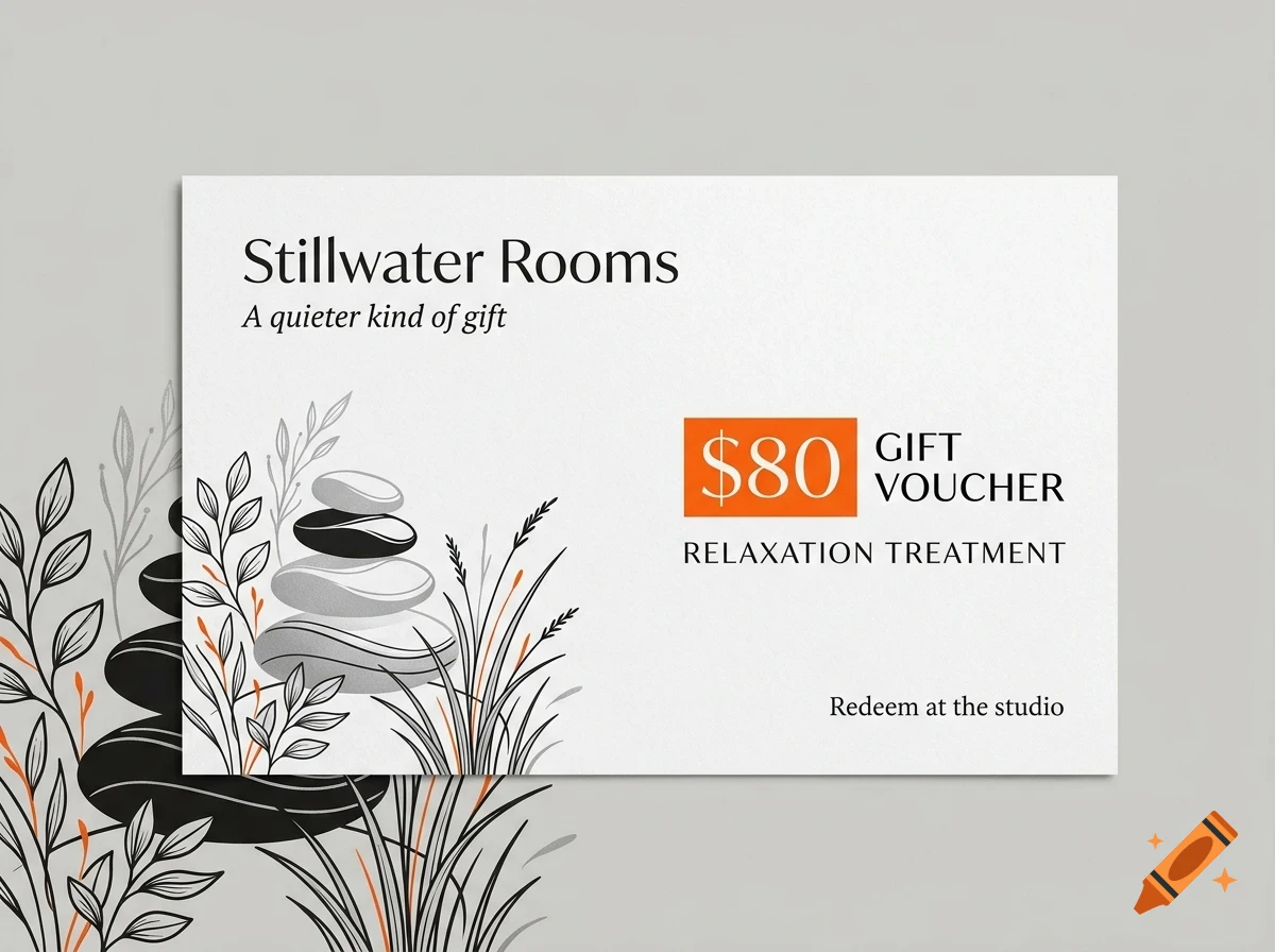 A gift voucher design for Stillwater Rooms featuring stacked stones, botanical illustrations, and the text $80 Gift Voucher Relaxation Treatment.