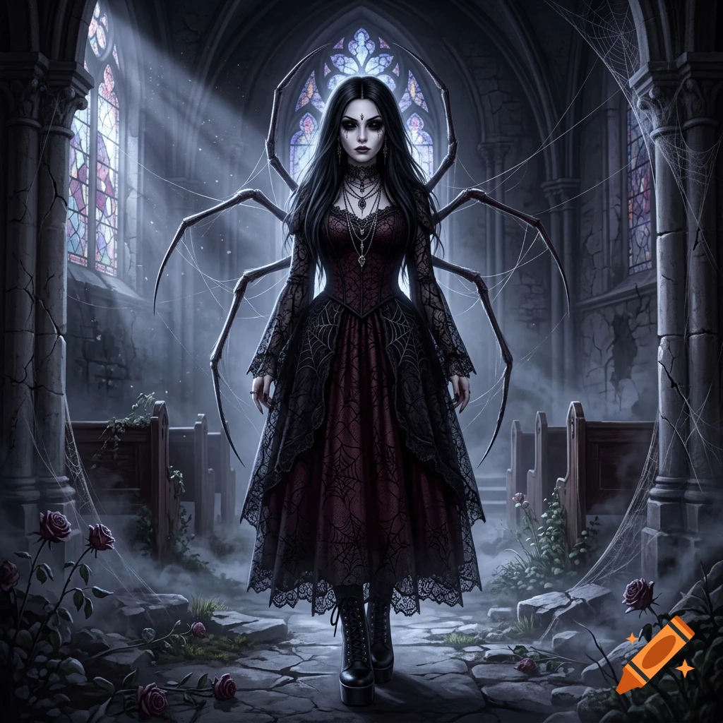 A spooky goth teen girl with black eyes and spider legs coming out of her back, standing in a ruined church, digital art.