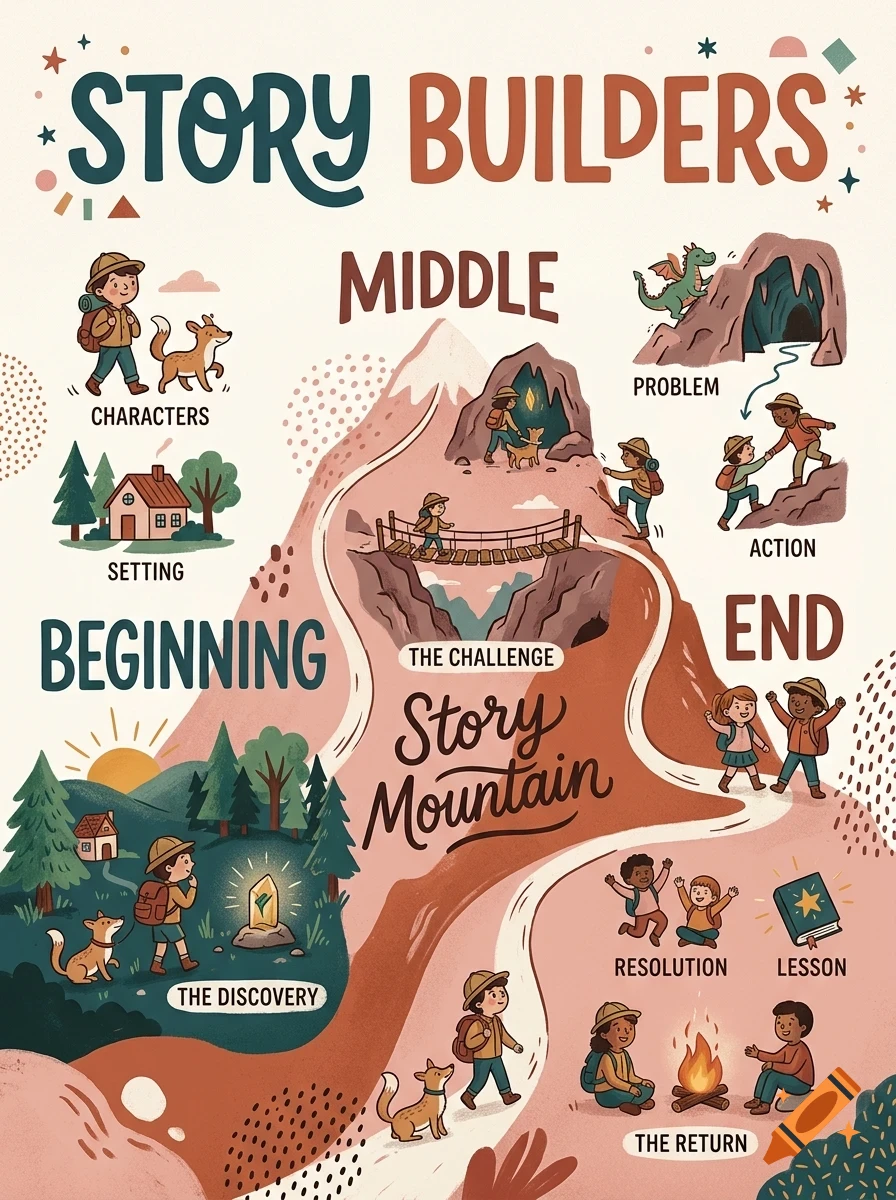 An educational poster titled Story Builders featuring a Story Mountain diagram with sections for Beginning, Middle, and End, illustrating storytelling elements with children, a dog, and a dragon.