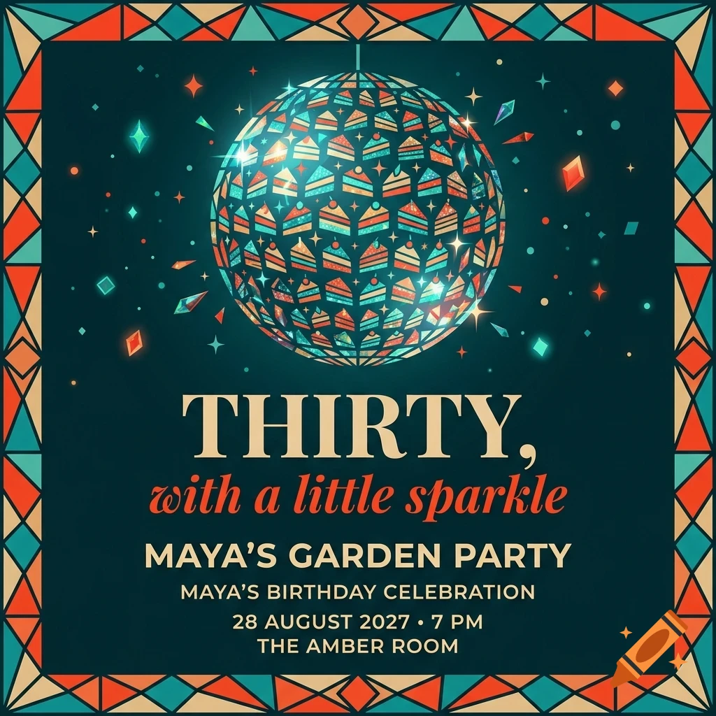 An invitation design featuring a mosaic disco ball made of cake slices, surrounded by geometric patterns, sparkles, and event details.