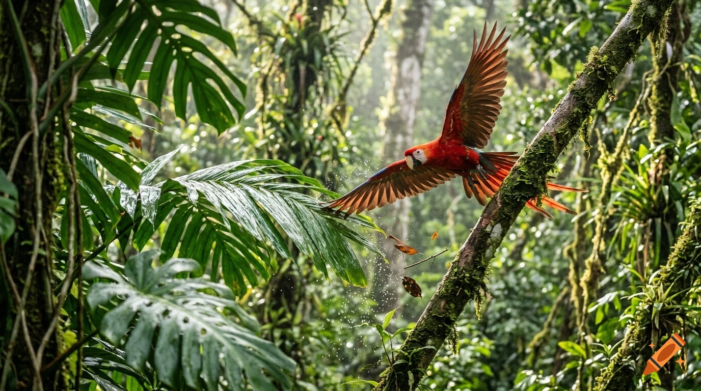 A red and yellow macaw takes flight from a tree branch in a lush tropical rainforest.