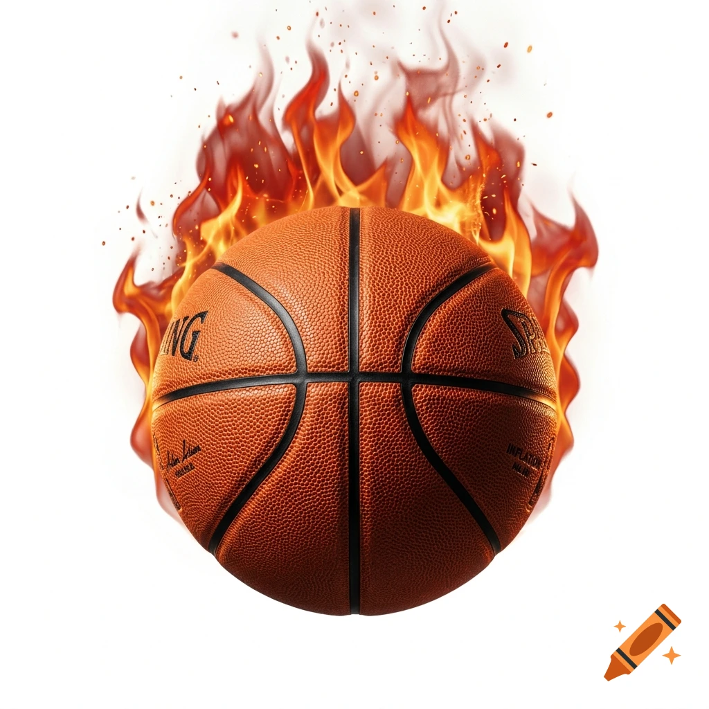 A basketball engulfed in bright red and orange flames against a clean white background.