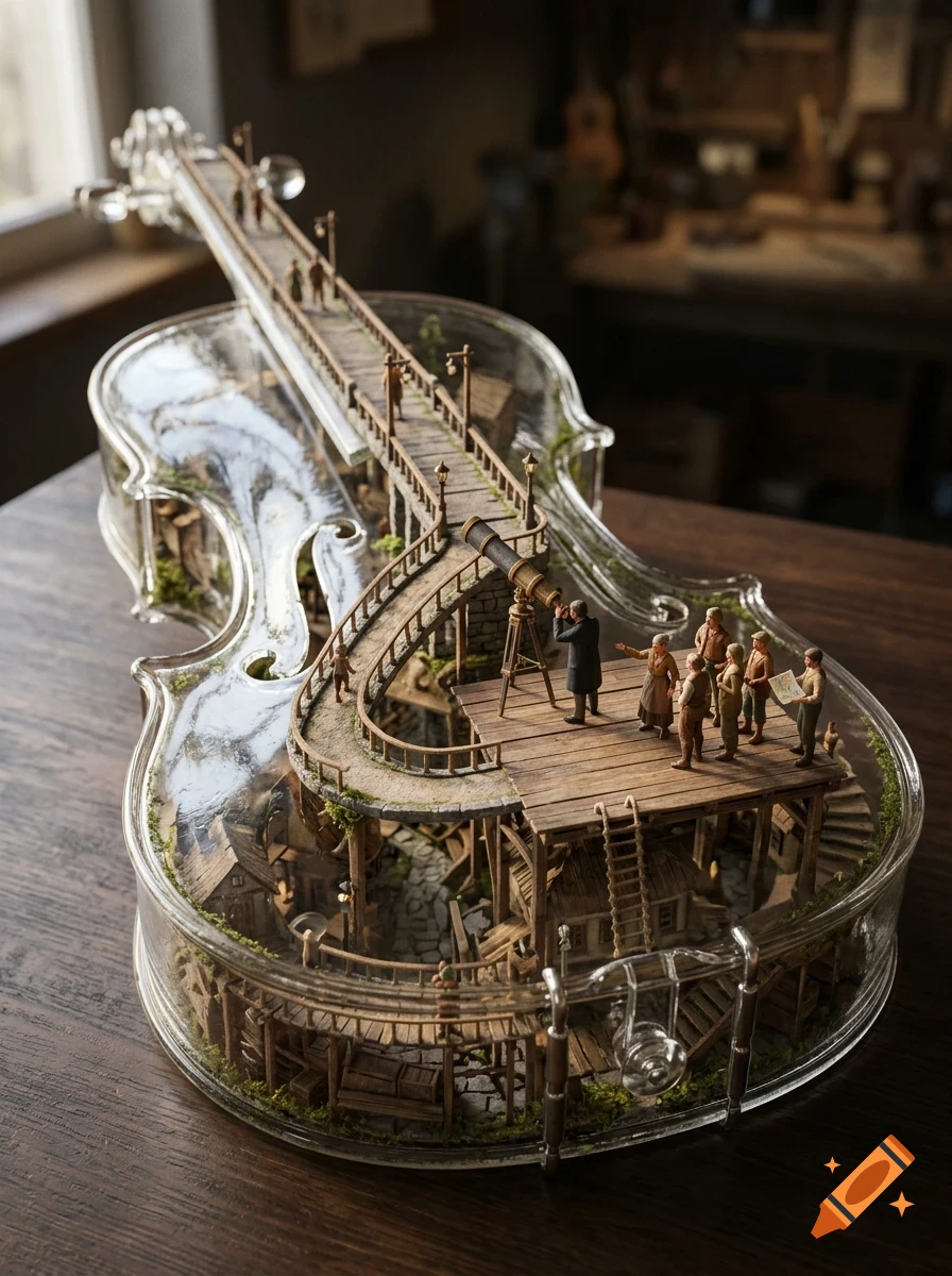 A miniature diorama inside a transparent violin-shaped container featuring a wooden boardwalk, buildings, and tiny figures looking through a telescope.