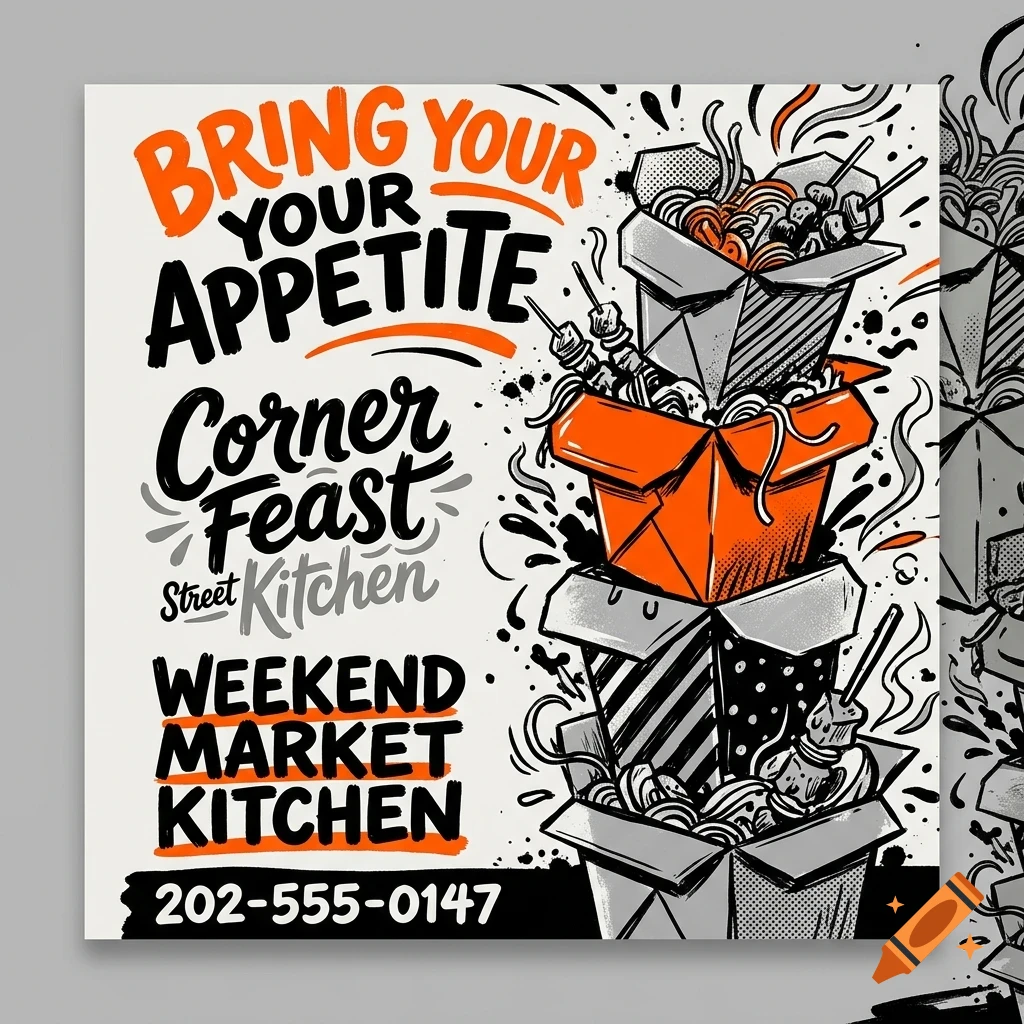 An illustrated advertisement featuring a stack of takeout boxes with noodles and the text 'BRING YOUR APPETITE' and 'Corner Feast Street Kitchen'.