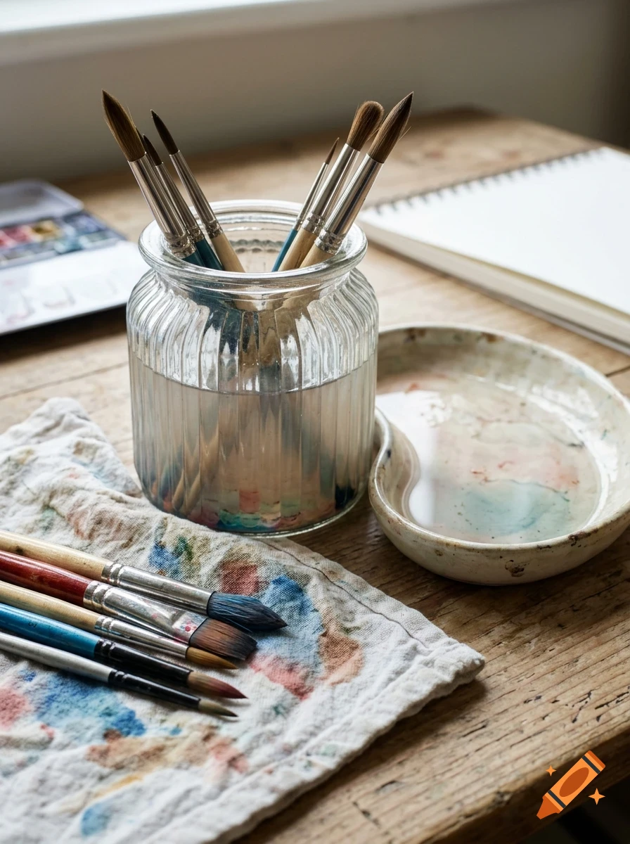 Paintbrushes in a glass jar of water, a palette, and a rag on a wooden table.