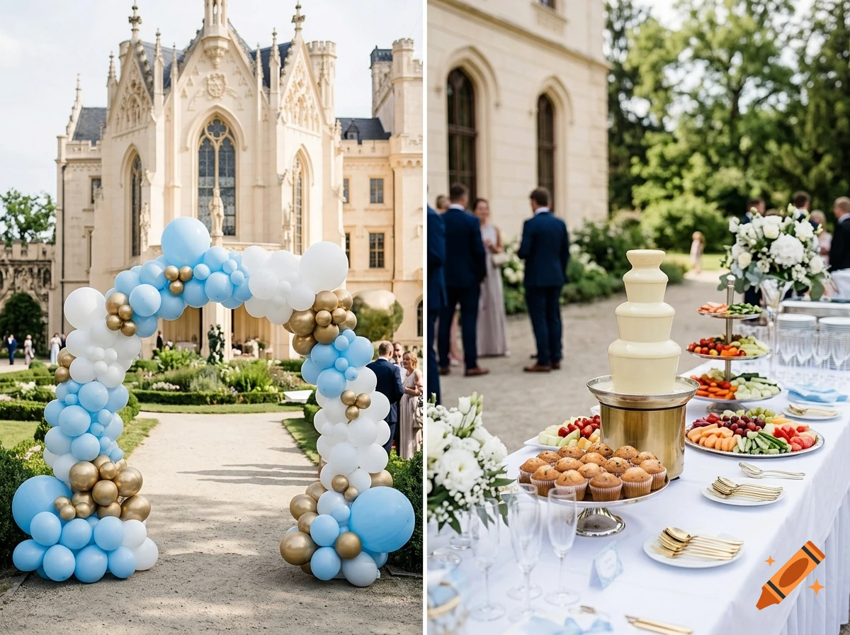Split view photorealistic wedding scene featuring a baby blue, white and gold balloon arch in front of a castle and a buffet table with a white chocolate fountain, fruits, and muffins.