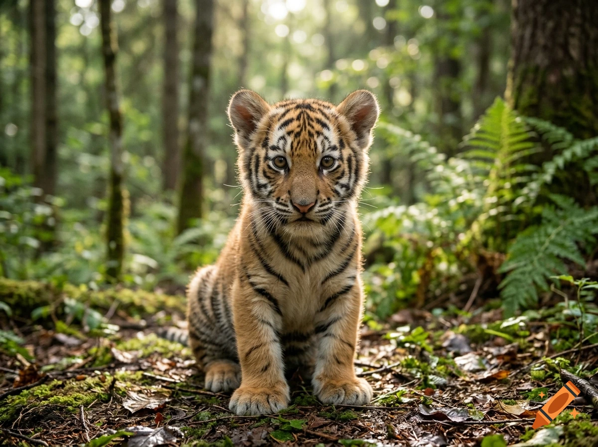 Photorealistic image of a cute tiger cub sitting on the forest floor surrounded by trees and ferns.