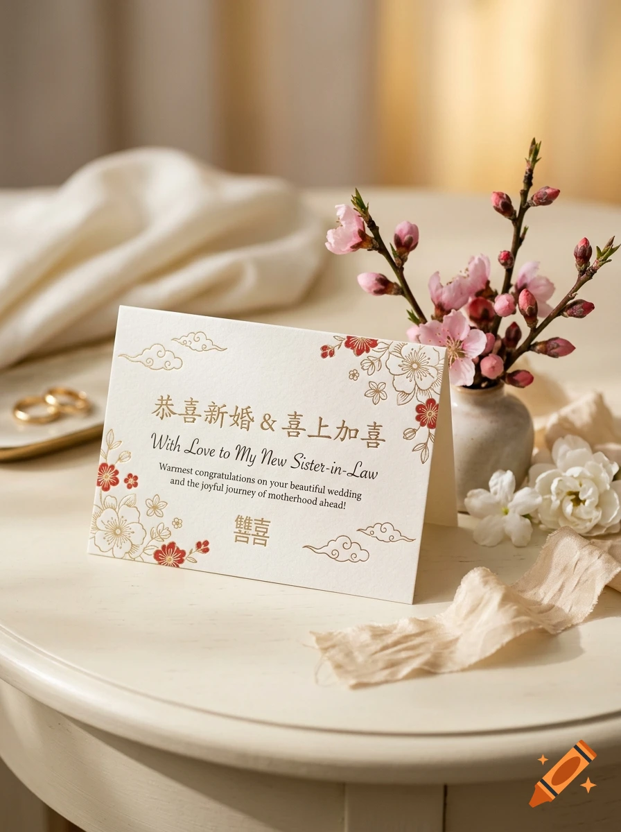 A greeting card for a wedding and pregnancy with Chinese and English text, decorated with flowers and clouds, on a table.