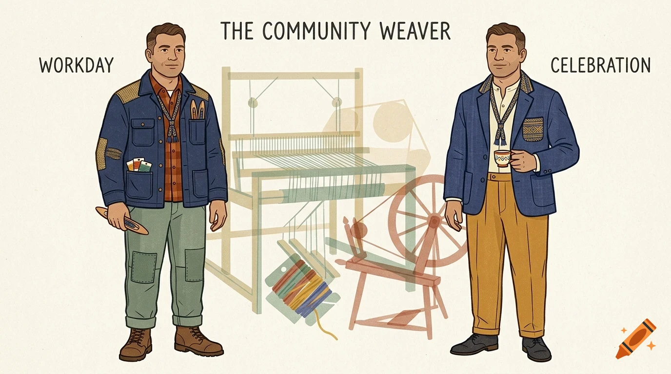 Illustration comparing a man's workday attire on the left with his celebration attire on the right, featuring a loom in the background.