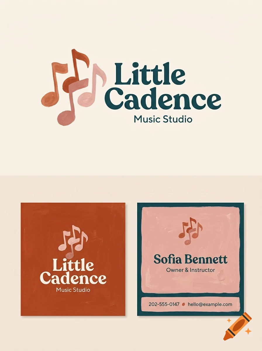 Logo and branding mockup for Little Cadence Music Studio featuring musical notes and lettering.
