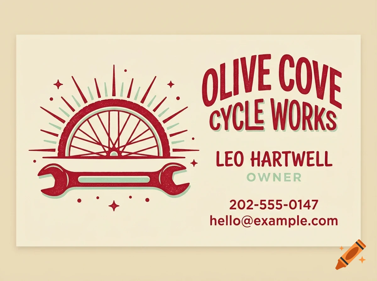 A business card design for Olive Cove Cycle Works, featuring a red bicycle wheel, a wrench, and text with contact info.