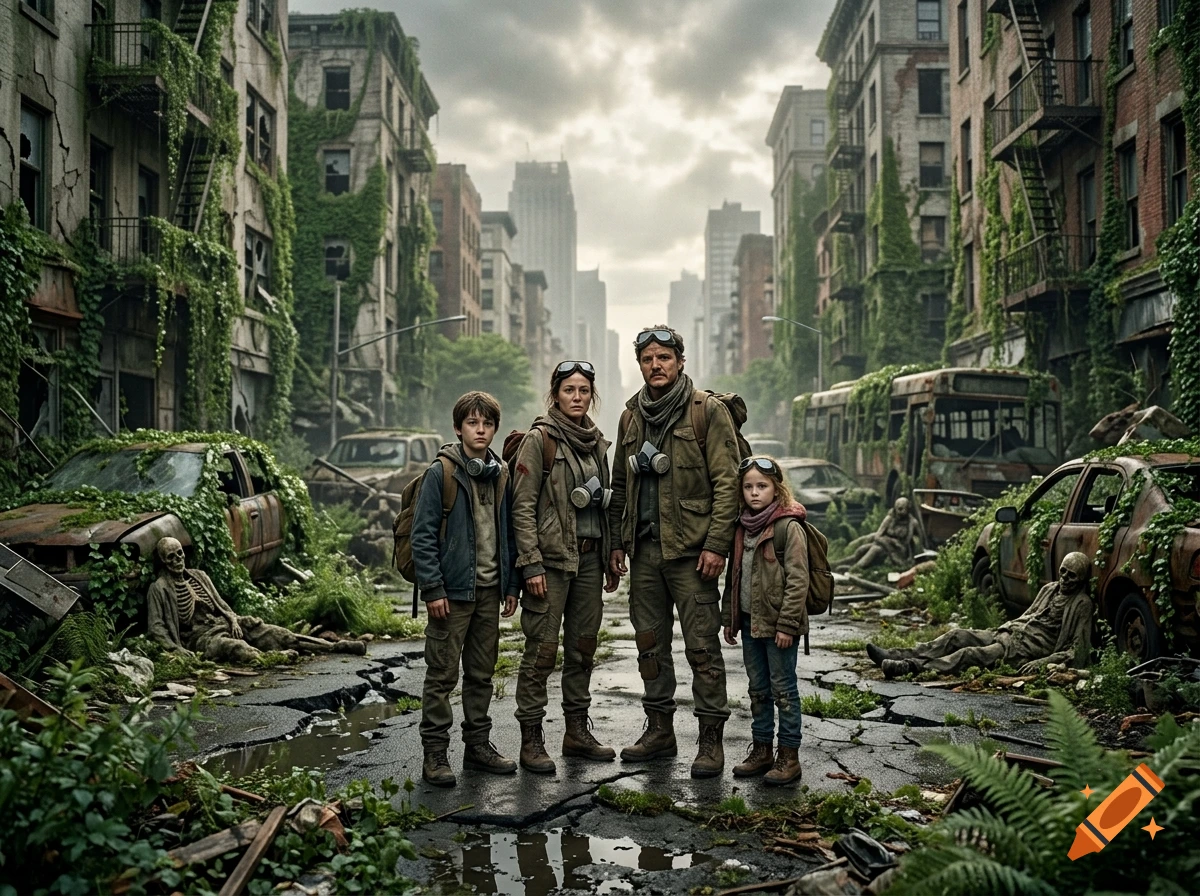 Photorealistic image of a family in a post-apocalyptic overgrown city street surrounded by ruined buildings and skeletons.