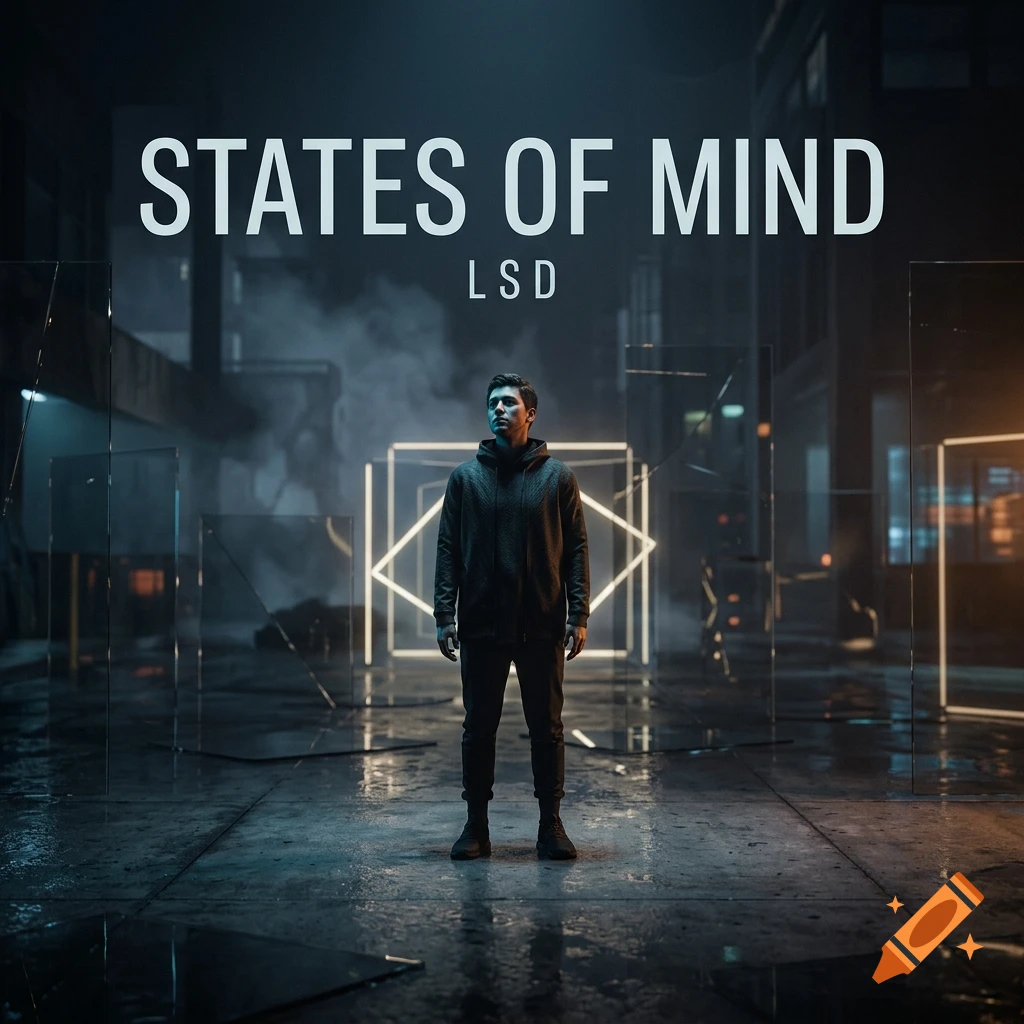 Album cover with a man standing in a futuristic industrial setting with glowing neon geometric frames and the text STATES OF MIND LSD.