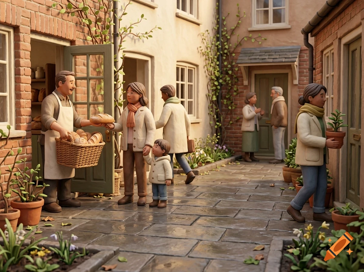 A 3D claymation-style scene of people interacting in a brick courtyard, with a baker handing bread to a woman and child.