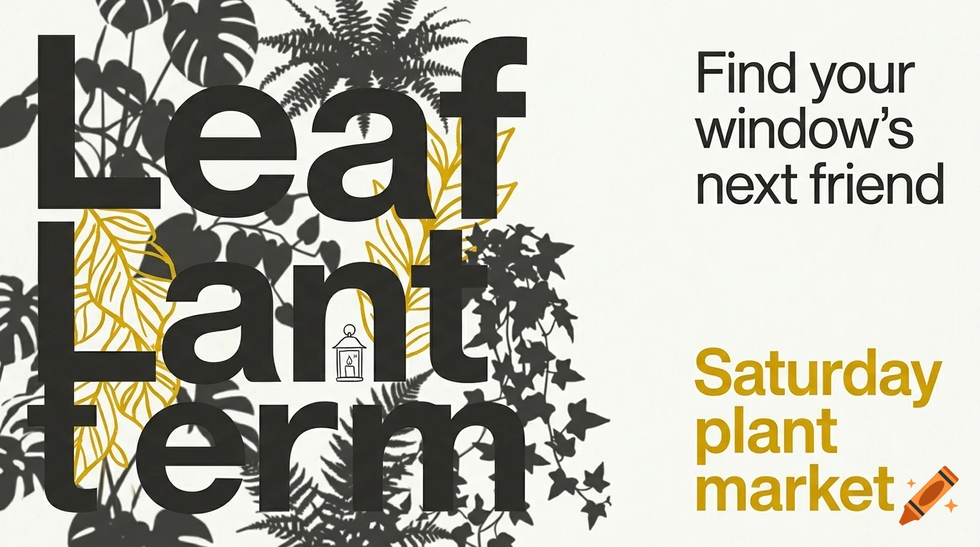 An advertisement for a Saturday plant market featuring black and gold botanical graphics and text reading Leaf Lantern and Find your window's next friend.