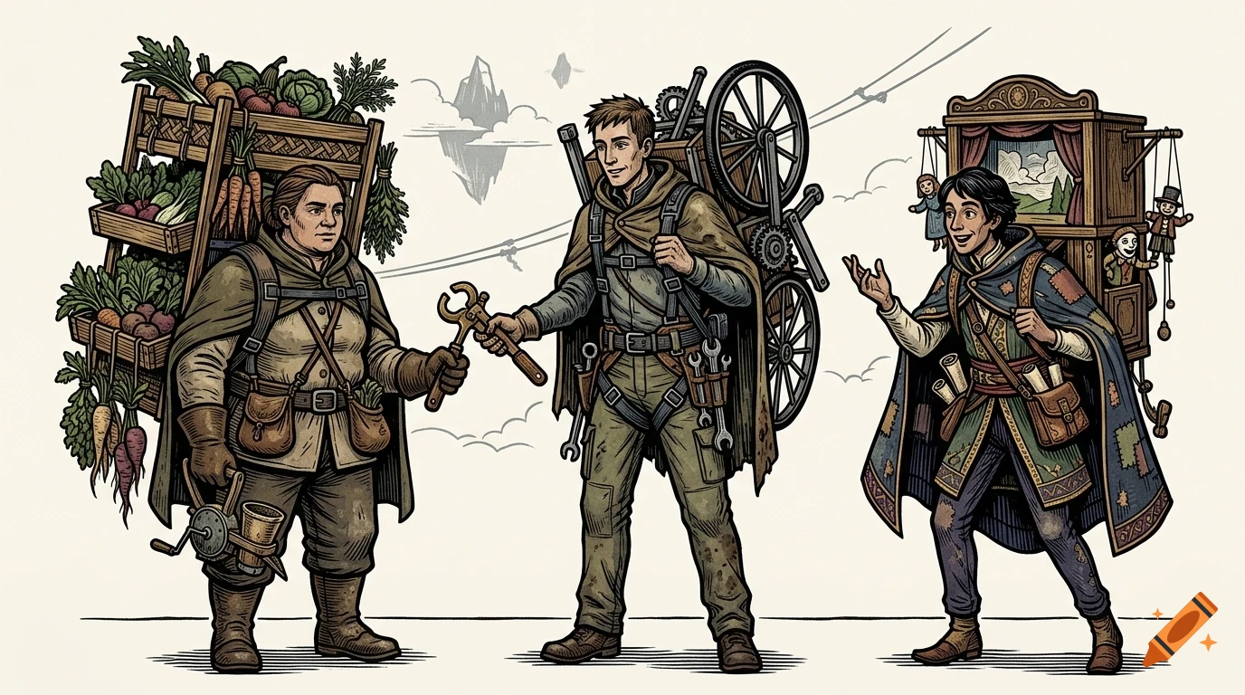 Illustration of three travelers carrying crates of vegetables, mechanical parts, and a puppet theater on their backs.