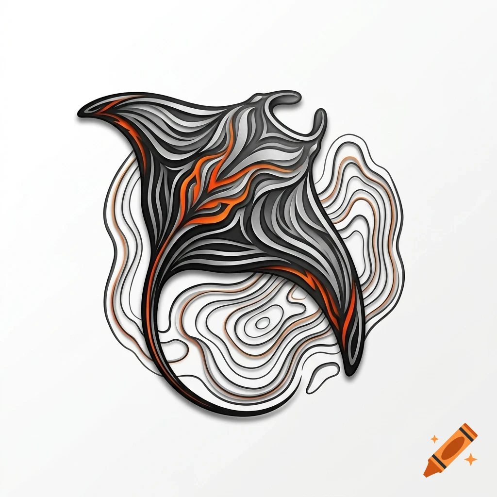 A stylized layered illustration of a manta ray in shades of black, grey, and orange against a white background.