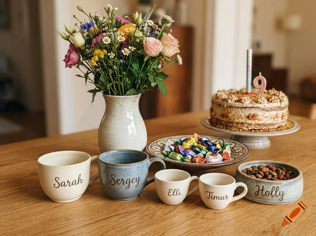 Photorealistic arrangement on a wooden table featuring mugs with names, a flower vase, sweets, and a birthday cake.