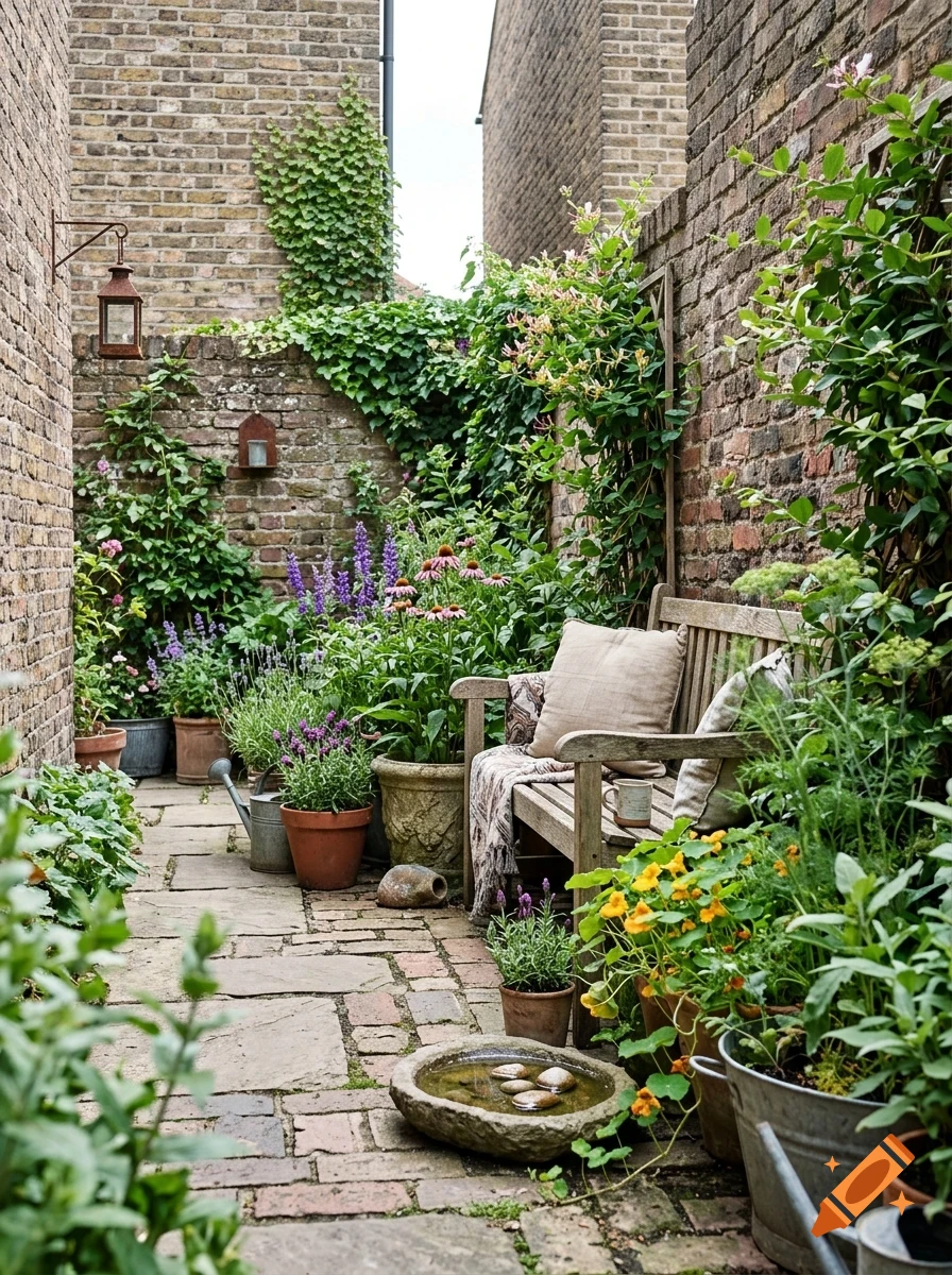 A narrow brick courtyard garden with a wooden bench, potted plants, climbing vines, and a stone birdbath.