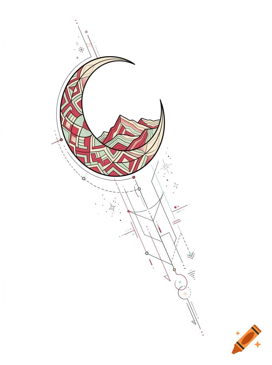 An artistic vector design featuring a crescent moon filled with geometric patterns and mountain peaks, decorated with geometric linework and stars.