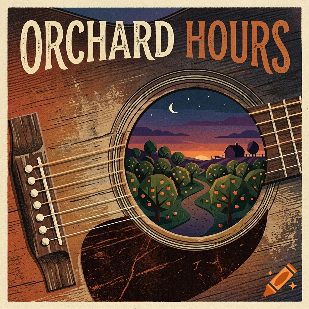 An illustration of an acoustic guitar body with the words ORCHARD HOURS at the top, showing an orchard landscape through the soundhole.
