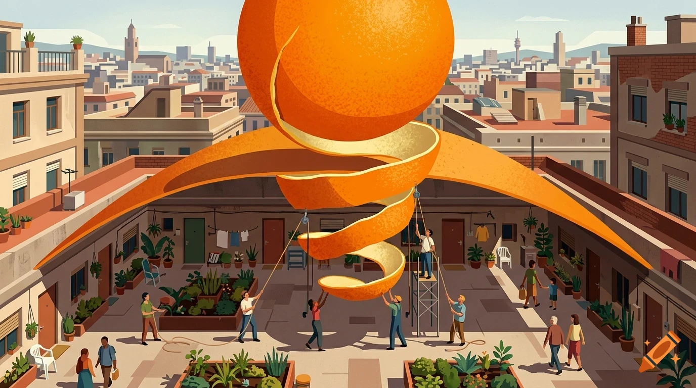 An oversized orange hovers over a city courtyard while people use ropes and pulleys to unpeel it.