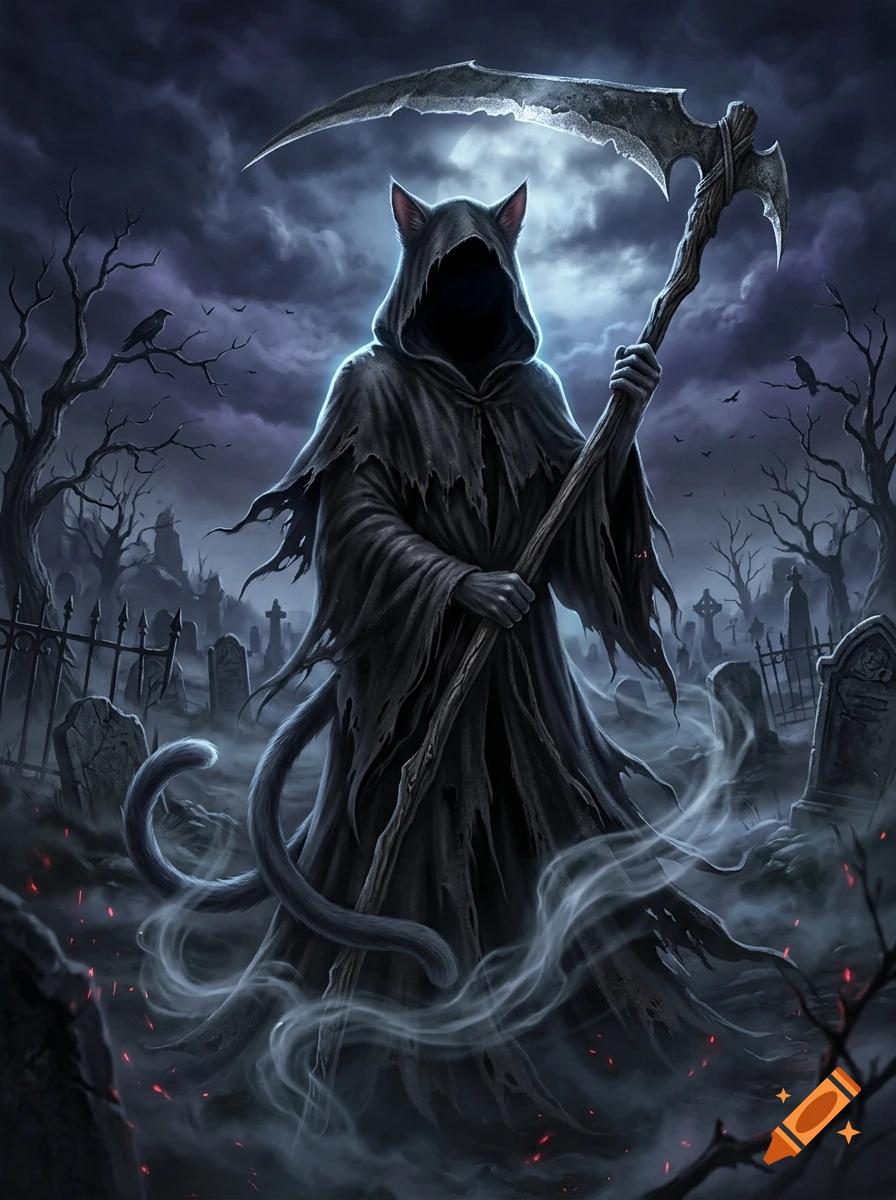 Digital illustration of the grim reaper with cat ears and tail, holding a scythe in a gloomy graveyard under a full moon.