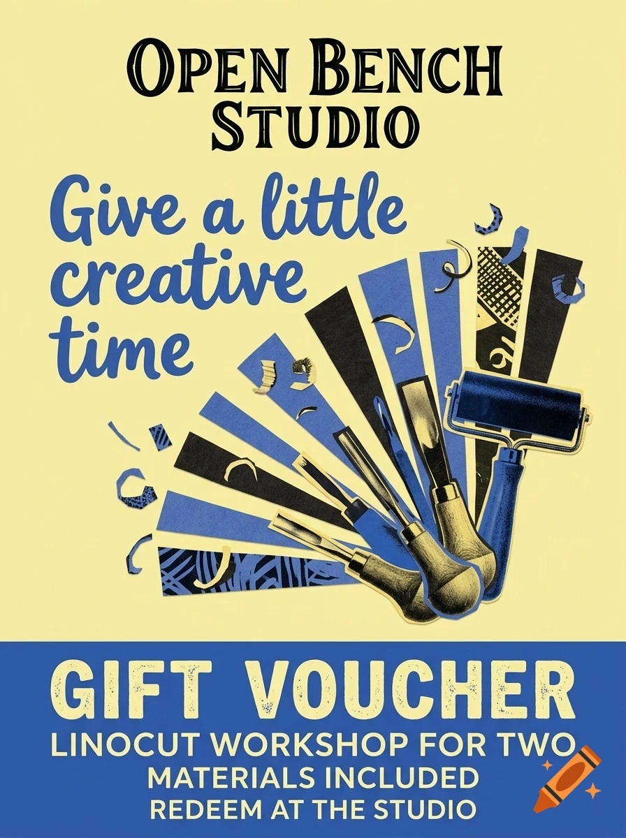 A poster for a linocut workshop gift voucher, featuring carving tools, linoleum blocks, and a brayer against a yellow background with blue text.