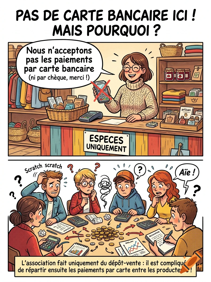 Comic style illustration explaining why credit cards are not accepted in a deposit-sale association, featuring customers struggling with cash and calculators.