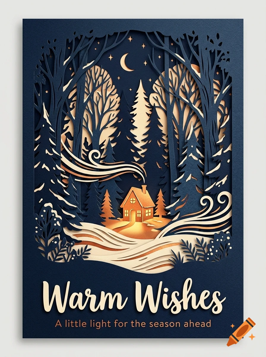 A layered papercraft illustration of a snowy night forest with a glowing cabin, moon, stars, and the text Warm Wishes.