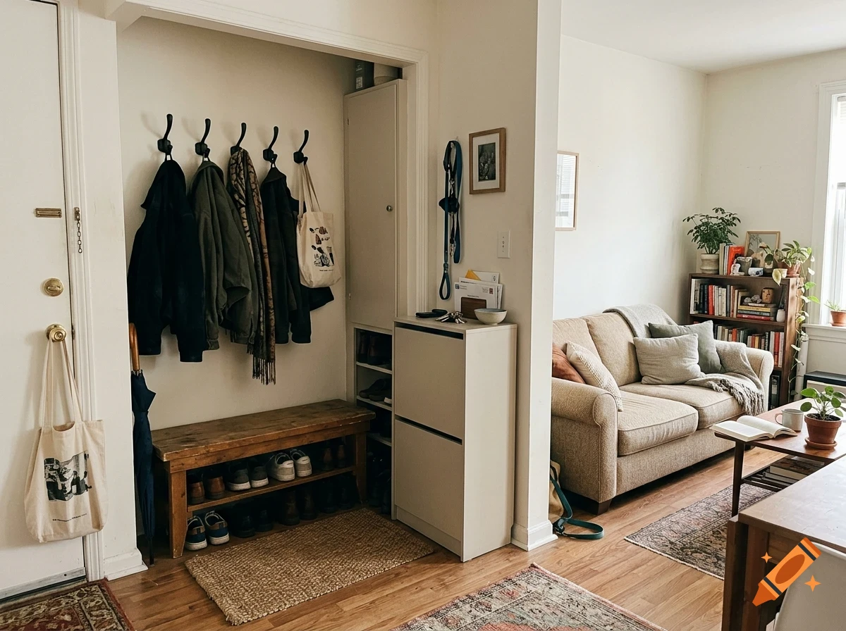 An apartment entryway with a wooden bench, shoe rack, coat hooks, and an adjoining living room with a sofa.