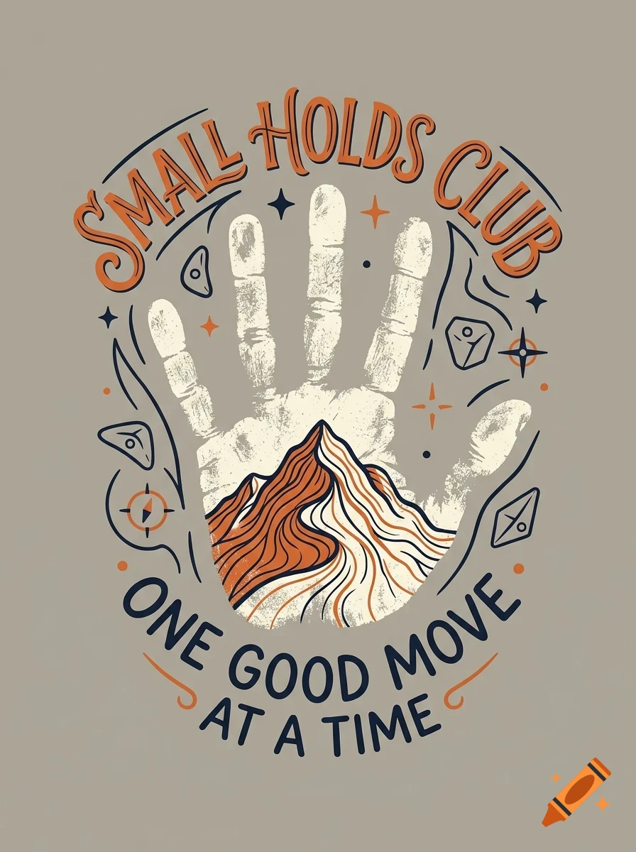 An illustrated design featuring a handprint overlaying a mountain peak, surrounded by climbing holds, stars, and the text Small Holds Club and One good move at a time.