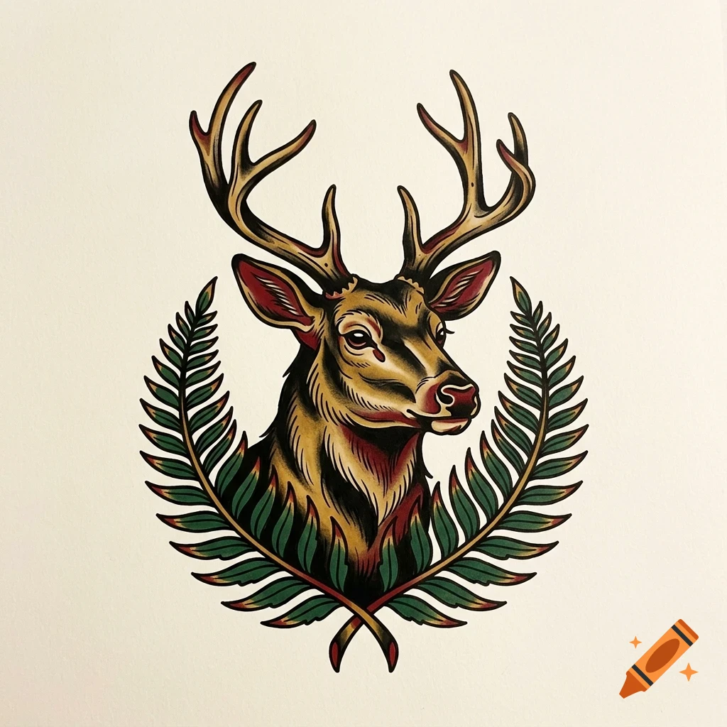 An illustrated portrait of a deer head with large antlers framed by fern leaves in a traditional tattoo style.