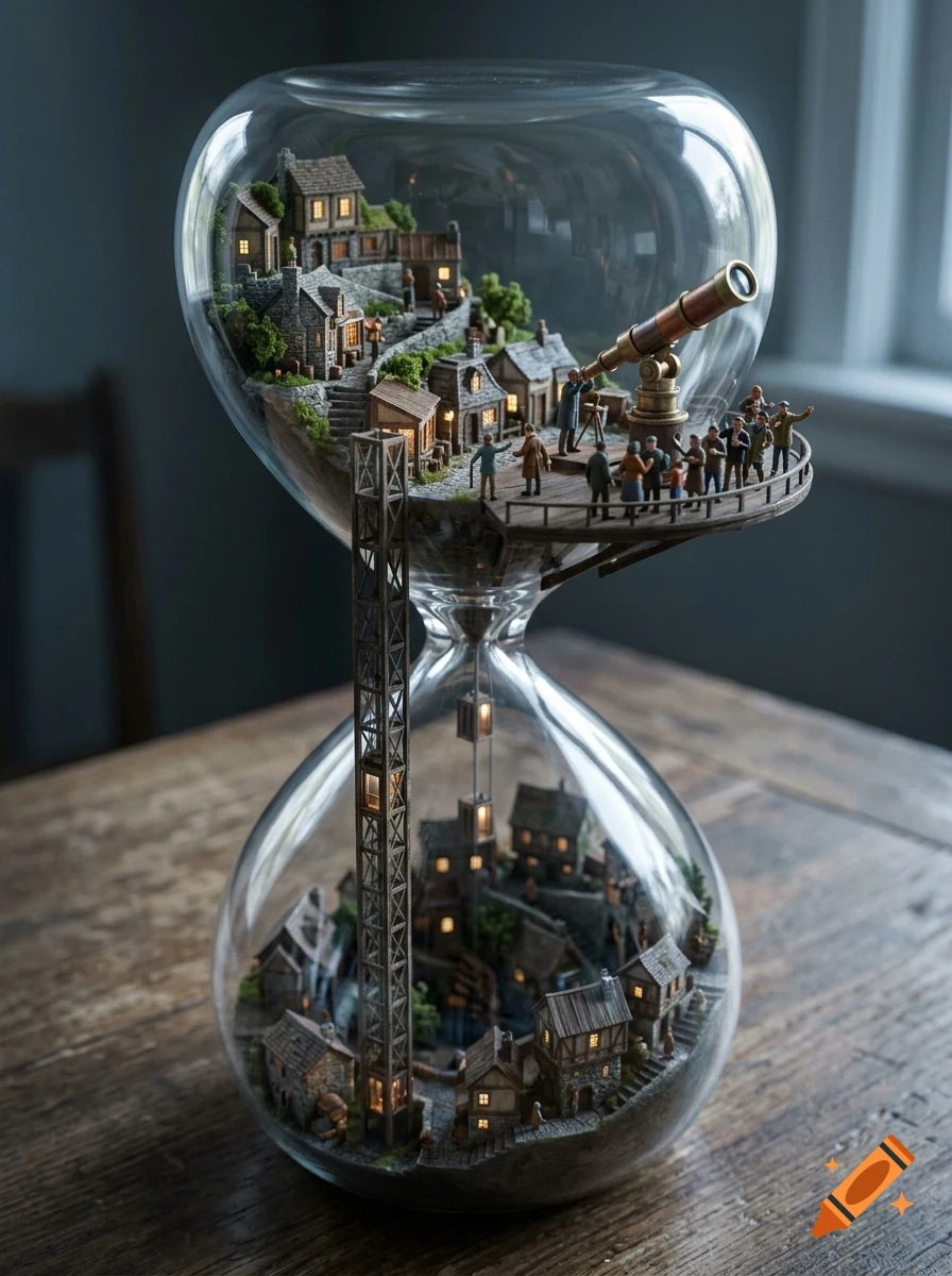 A miniature village with tiny houses, figures, and a telescope enclosed inside a giant glass hourglass sitting on a wooden table.