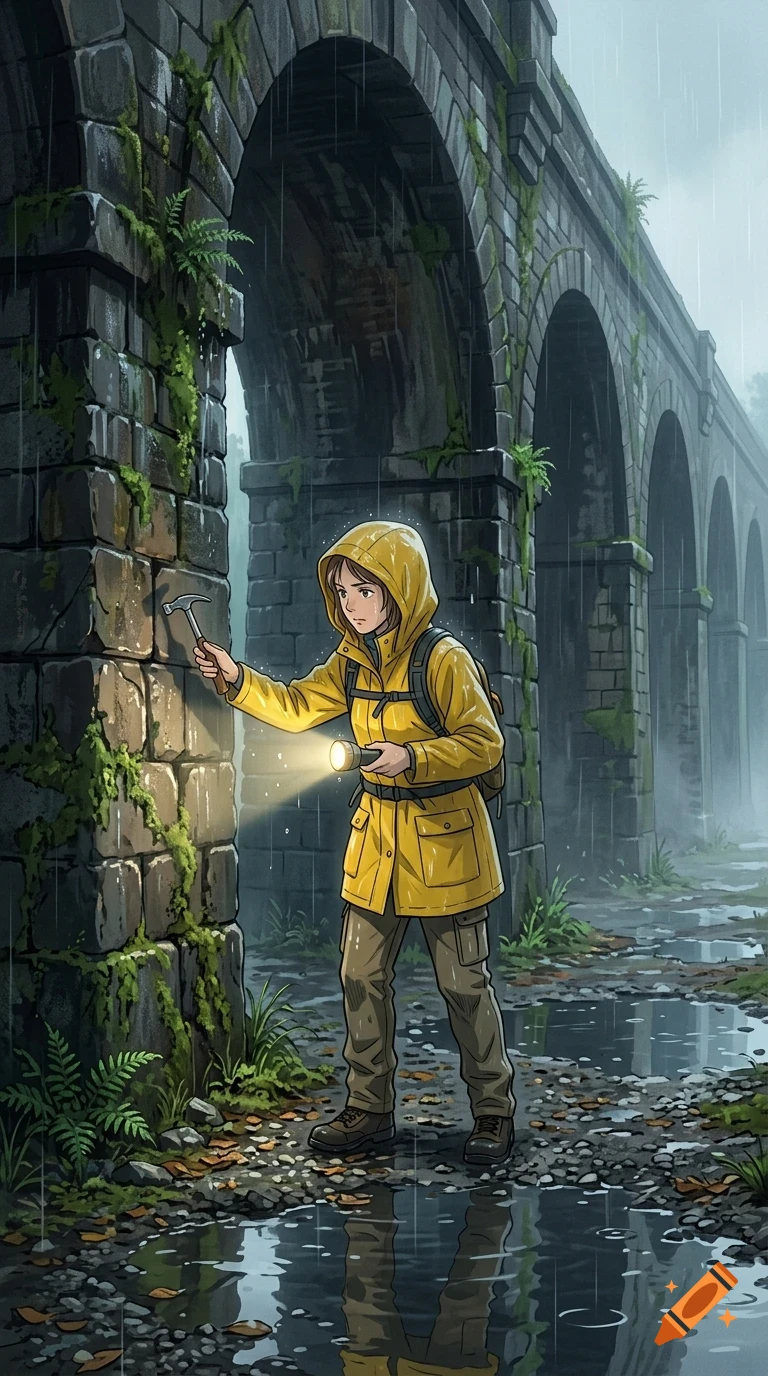 A person in a yellow raincoat inspects a stone pillar with a hammer and flashlight near an old viaduct in the rain.