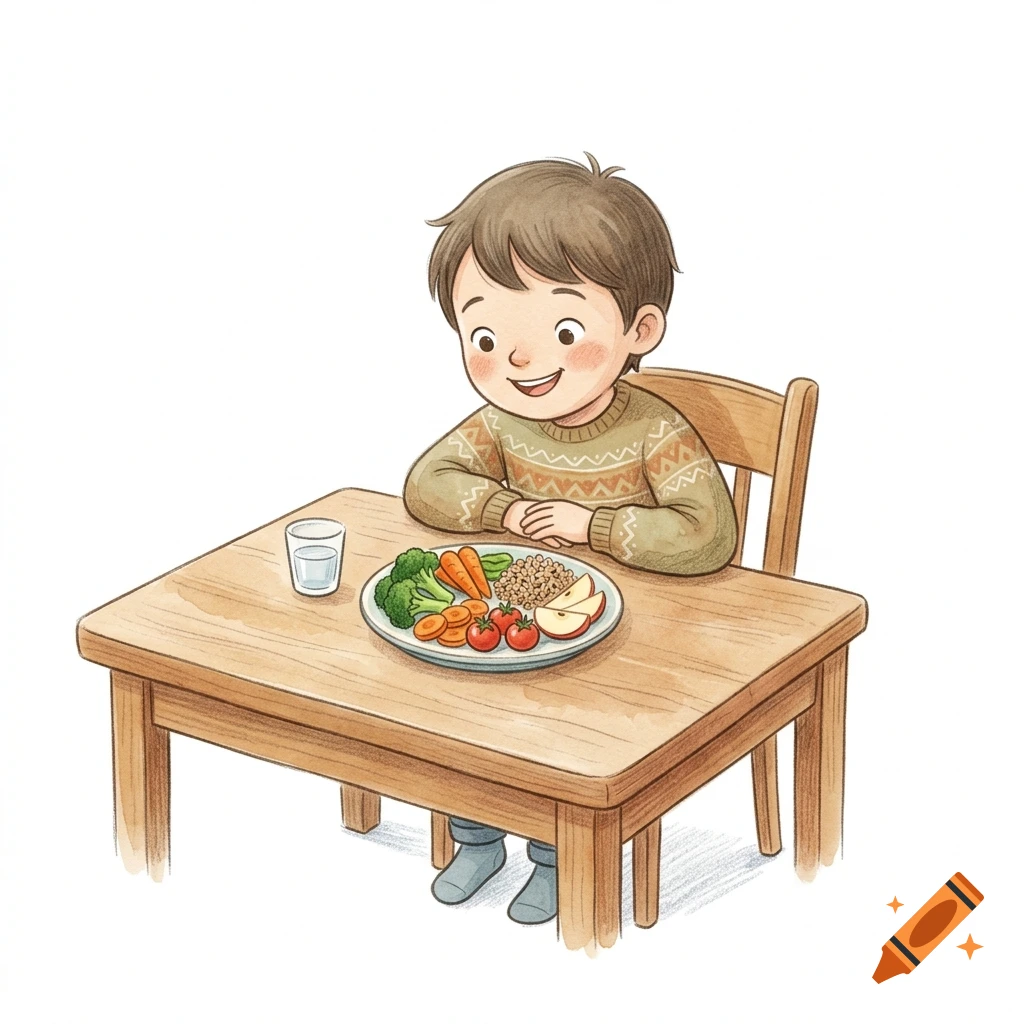 Watercolor and colored pencil illustration of a happy child sitting at a wooden table with a plate of food.