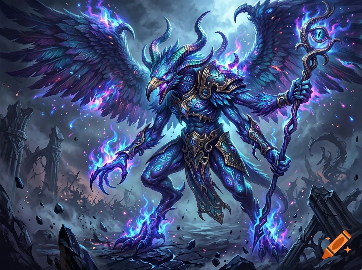 Digital painting of a blue-skinned demonic bird creature with horns, wings, and glowing blue fire holding a staff in a ruined landscape.