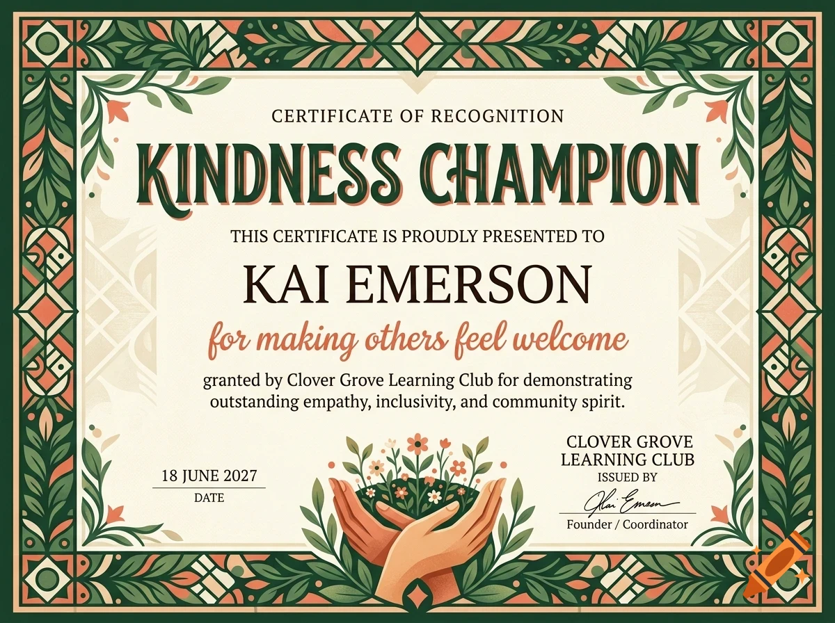 Certificate of recognition titled Kindness Champion awarded to Kai Emerson, featuring ornate green and peach borders and an illustration of hands holding plants.