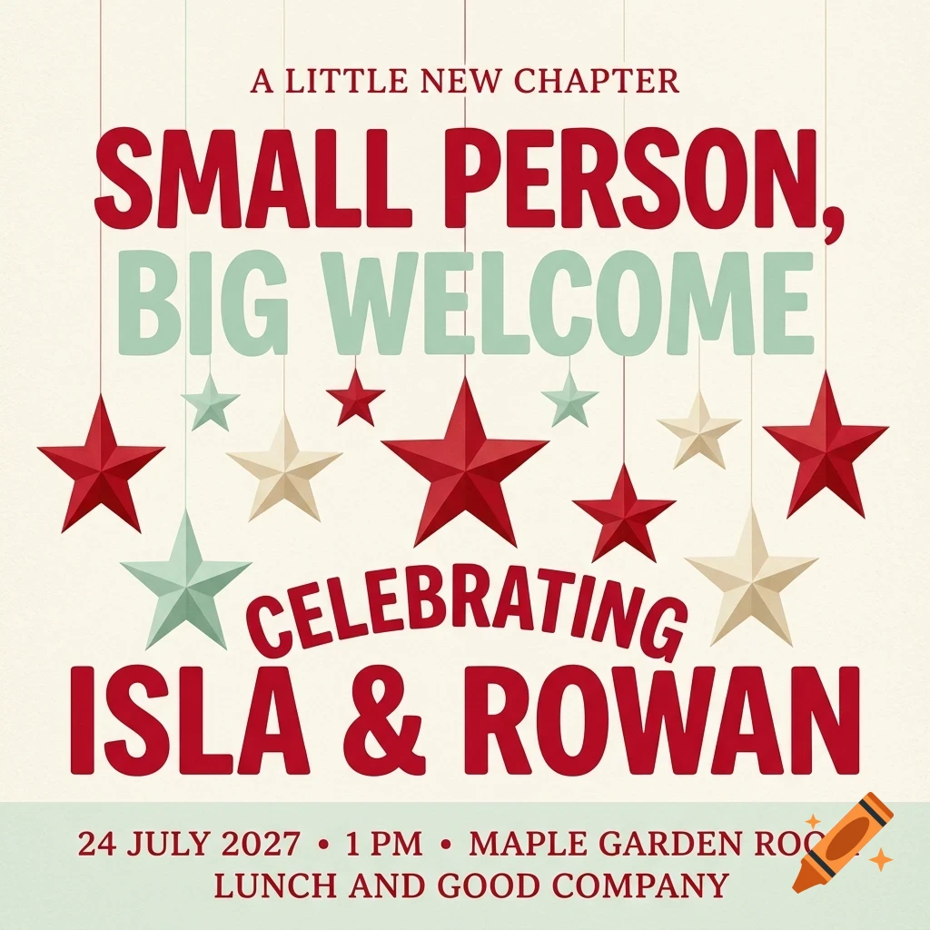 An invitation design with red, cream, and green hanging stars and text reading Small Person, Big Welcome and Celebrating Isla & Rowan.