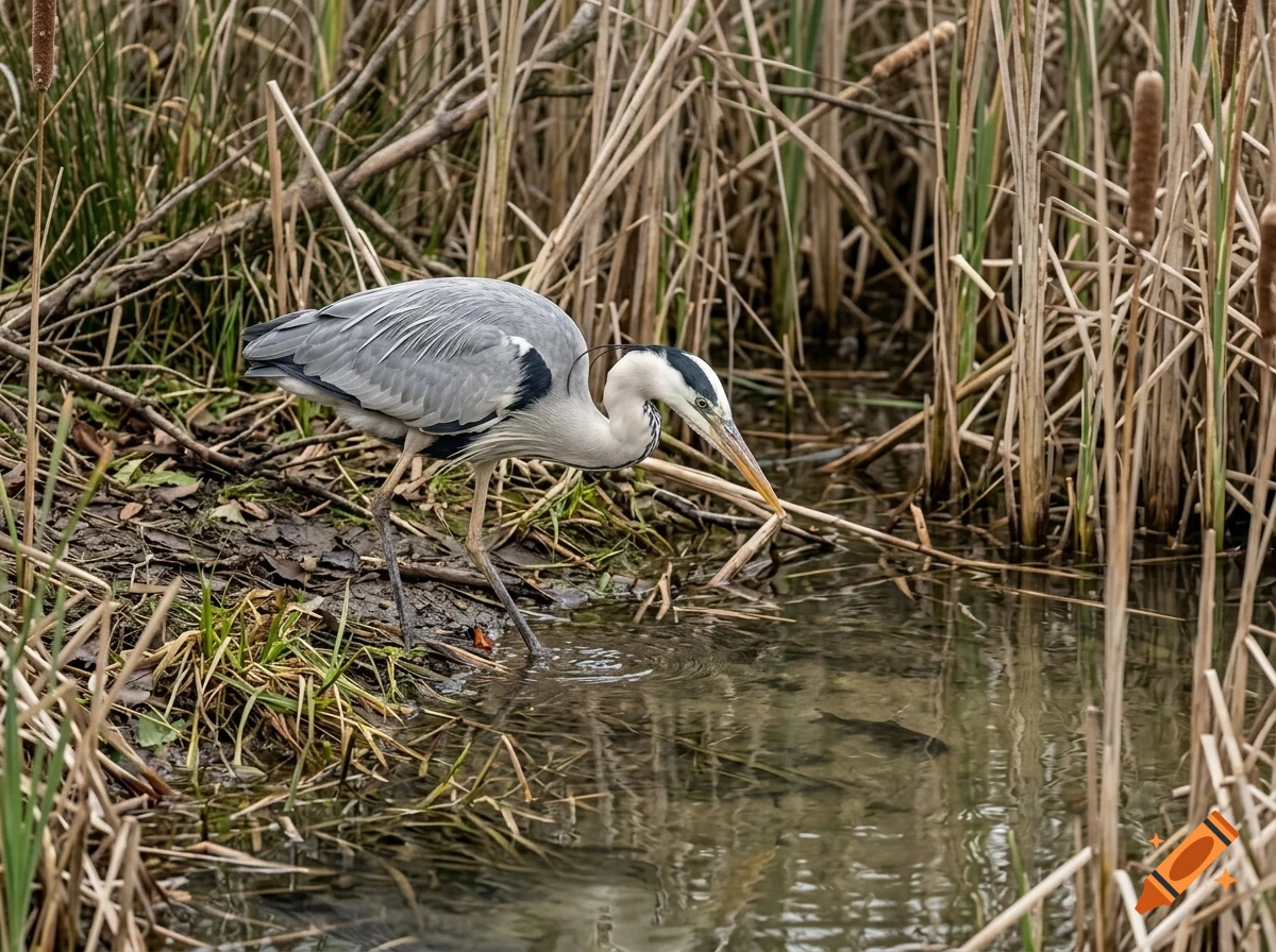 A grey heron standing by the edge of a pond surrounded by tall dry reeds and grasses.