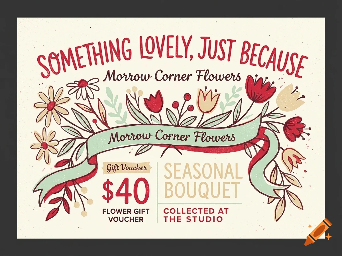 An illustrated gift voucher with floral designs and text reading SOMETHING LOVELY, JUST BECAUSE and $40 FLOWER GIFT VOUCHER.