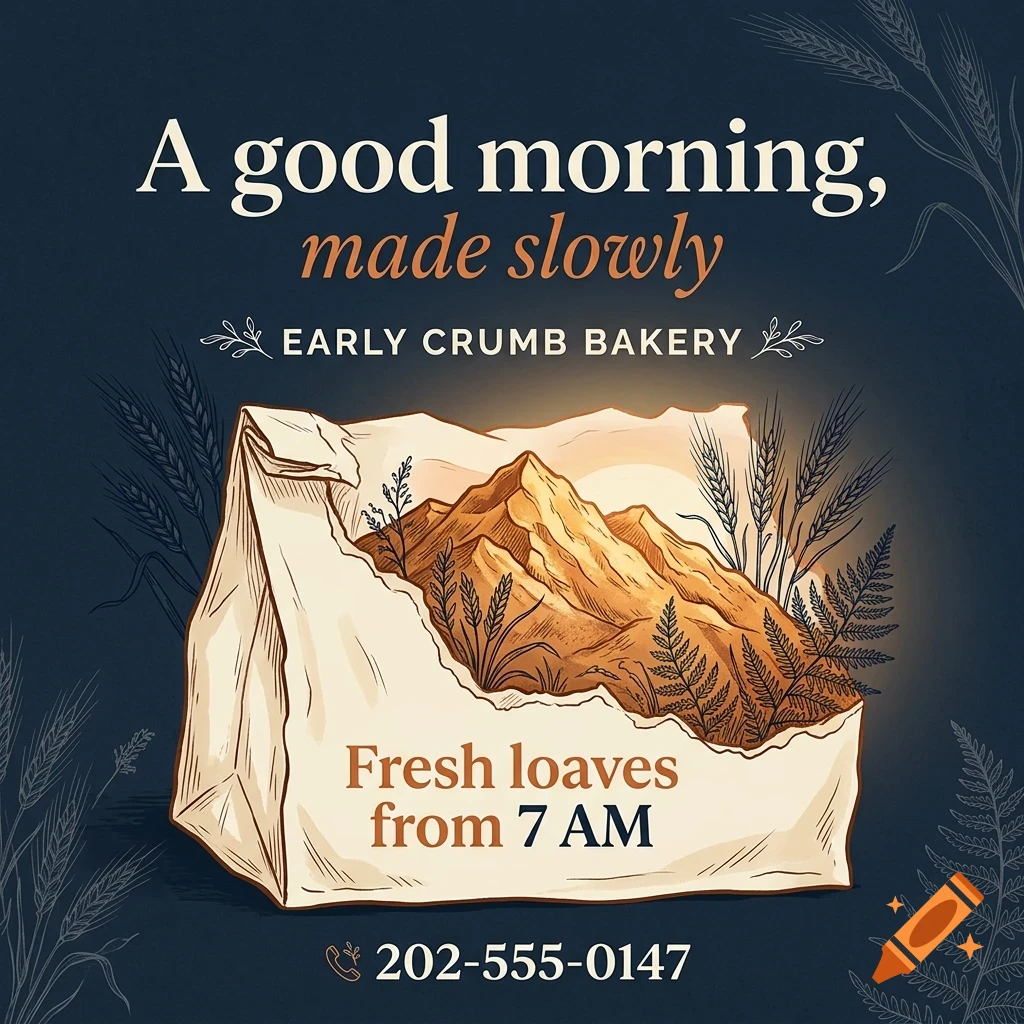 An illustrated bakery advertisement featuring a paper bag containing mountains and wheat, with text reading Early Crumb Bakery.