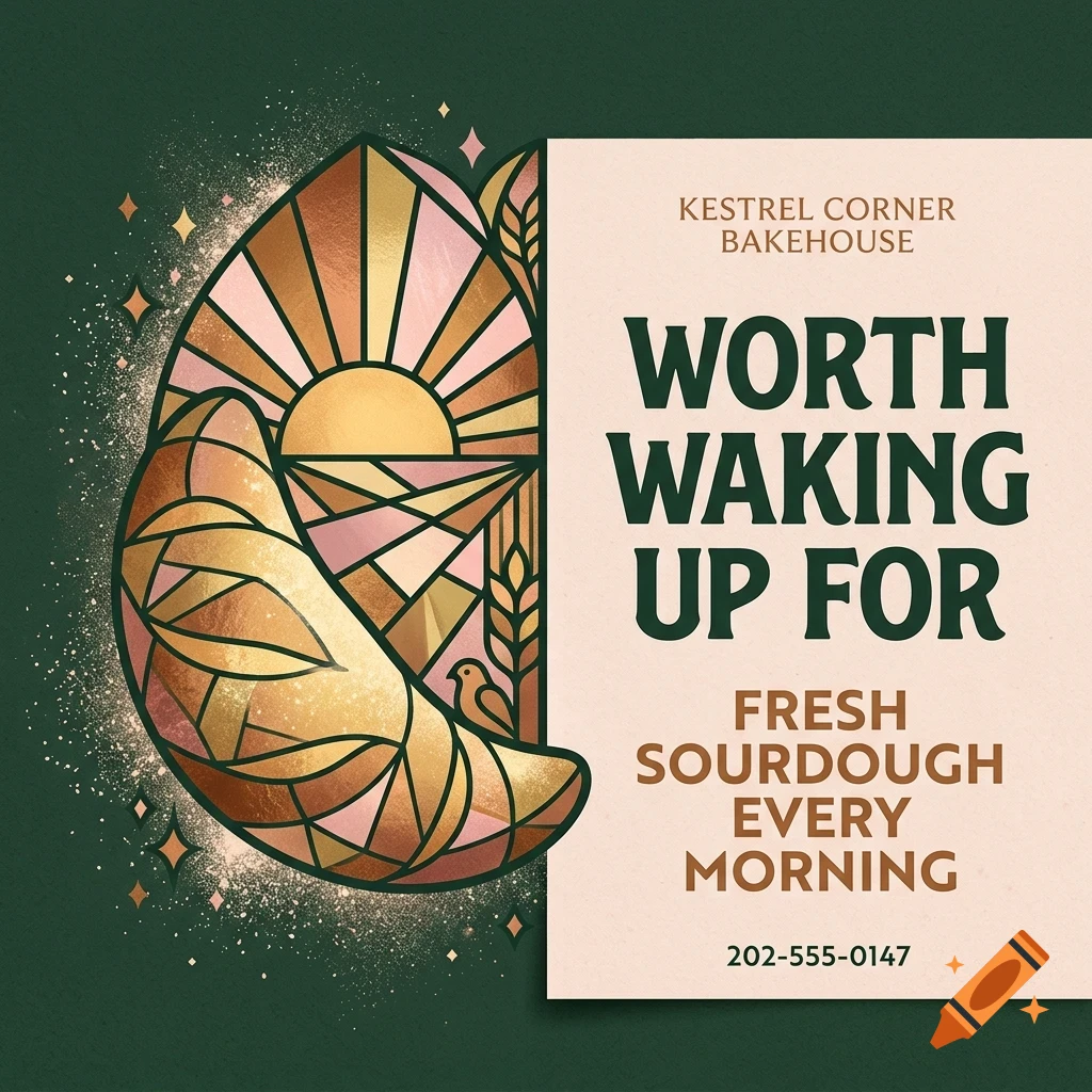 An advertisement for Kestrel Corner Bakehouse featuring a stained-glass style illustration of a croissant, sunrise, and bird alongside the text Worth waking up for.