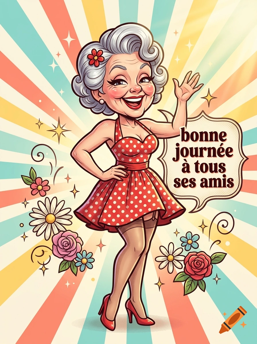 Retro cartoon illustration of an elderly pin-up woman in a red polka-dot dress waving, with french text in a speech bubble.