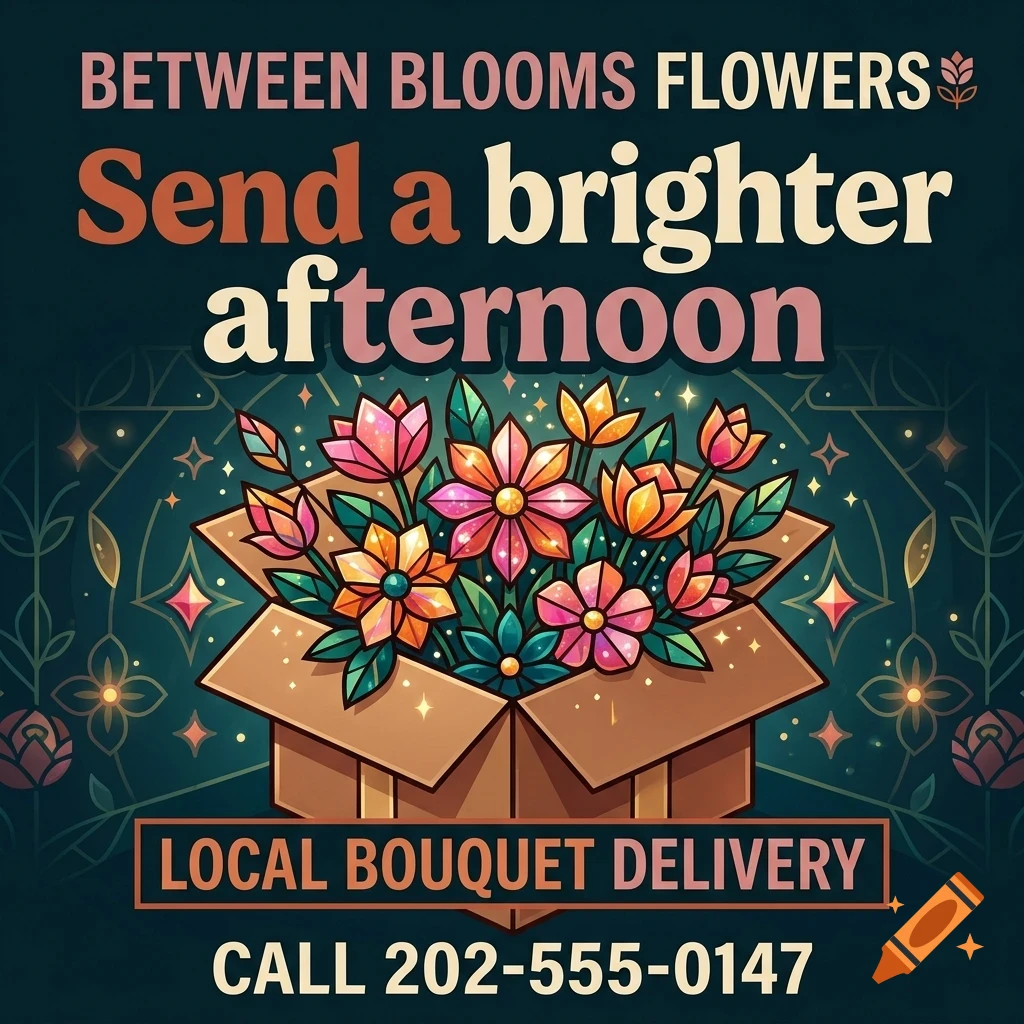 A stylized box filled with colorful flowers under text that reads BETWEEN BLOOMS FLOWERS.